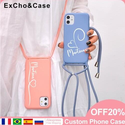 Custom Name Silicone Phone Case For iPhone 11 12 Pro Max X XR XS SE 7 8 Plus Crossbody Lanyard Cute love Cover Girl Boy Gift New