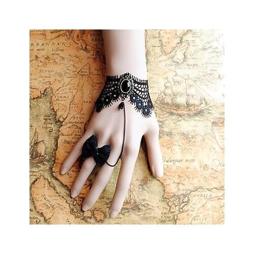 Handmade Black Lace Retro Style Classic Lolita Bracelet with Bow Ring Set