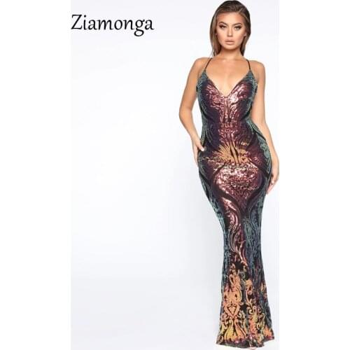 Ziamonga Black Sequined Maxi Dress Sleeveless Deep V Neck Sexy Backless Long Evening Party Dress Women Floor Length Long Gowns