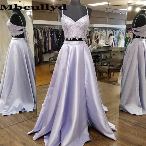 Mbcullyd Two Pieces Prom Dresses Long 2020 Elegant Applique Lace Evening Party Dress For Women High Split Satin robe de soiree