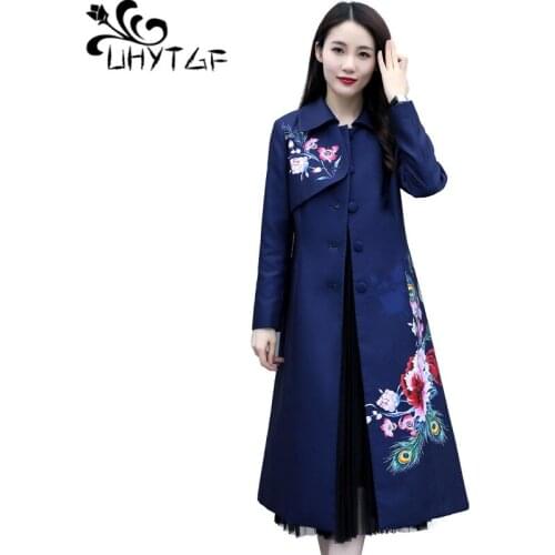 UHYTGF Long trench coat women Fashion printing national style elegant autumn coat female temperament slim plus size outerwear755