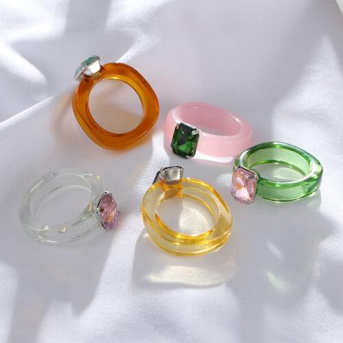 2021 Hot Transparent Resin Finger Ring Rhinestone Colourful Geometric Square Round Cool Rings for Women Jewelry Party Gifts