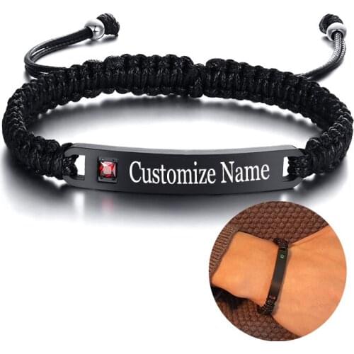 Customized Birthstone Name ID Bracelets Engraved Stainless Steel Bar Braided Bracelets For Women Men Birthday Gift