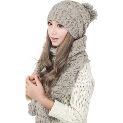 Womens Winter Hat Scarf Set Wool Twist Knitted Hat Female Fur Pompom Hats For Women Lady Bonnet Thick Warm Ski Cap Scarf