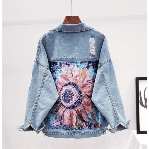 New Fall Winter Streetwear Print Womens Denim Jacket Coat Diamonds Hole Female Casual Cowboy Outwear Top