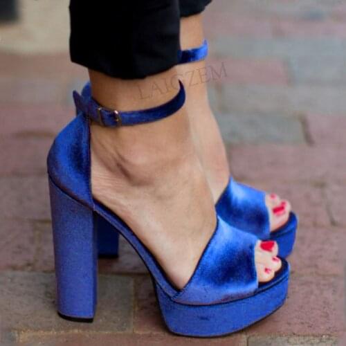 LAIGZEM Women Platform Sandals Chunky Thick High Heel Platform Pumps Ankle Straps Shoes Woman Sapato Peep Toe Big Size 44 48 52