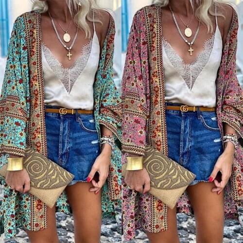 2021 Summer New Thin Loose Bohemian Long Sleeve Printed Mid-Long Cardigan