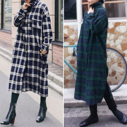 ZANZEA Spring Autumn Plaid Patchwork Shirt Dresses Female Turn Down Collar Long Sleeves Midi Dress Casual Pocket Robe Femme