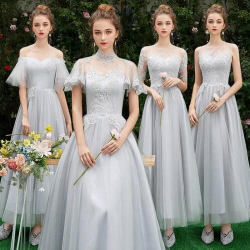 Bridesmaids Dresses Illusion A-Line Gray V-Neck Tulle Lace Embroidery Off The Shoulder Floor-Length Lady Wedding Party Gown E083