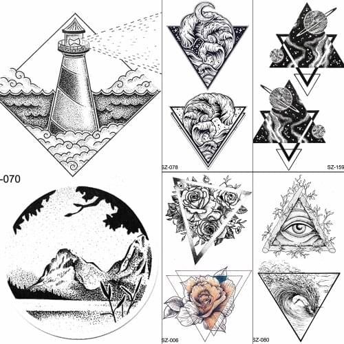 Rhombus Lighthouse Temporary Tattoos Stickers Men Small Round Valley Fake Tattoo Women Body Arm Art Waterproof Tatoos Supplies