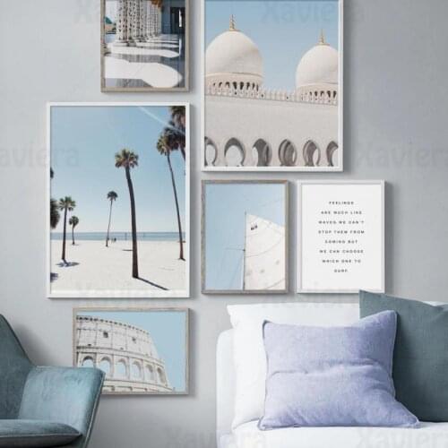 Nordic Posters Blue Sky Palm Tree Mosque Marble Landscape Painting Wall Art Canvas Prints Home Decor Living Room Wall Pictures