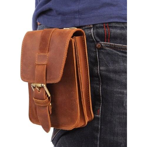 Mens Waist Bag First Layer Cowhide Retro Mountaineering Small Bag Leather Mobile Phone Belt Bag Bags for Men Travel Waist Pack