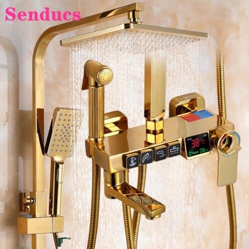 Digital Shower System Senducs Gold Bathroom Mixer Faucets Quality Brass Bathtub Taps Rainfall Shower Head Gold Shower Mixer Set