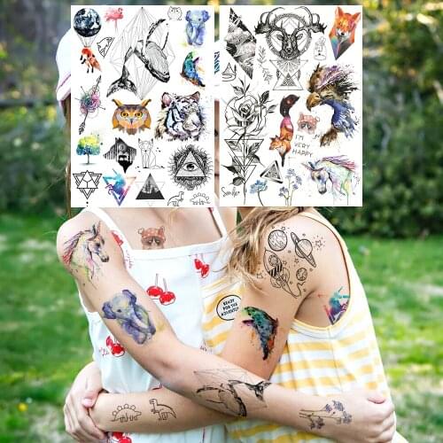 Fun Dolphin Elk Temporary Tattoos For Children Owl Triangle Fake Tattoo Flower Colorful Fox Body Arm Armband Tiger Tatoo Unicorn