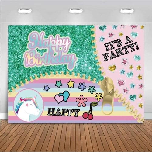 Green Glitter Children Birthday Party Decor Backdrops Unicorn Shiny Stars Zipper Open Photo Backgrounds For Table Decoration