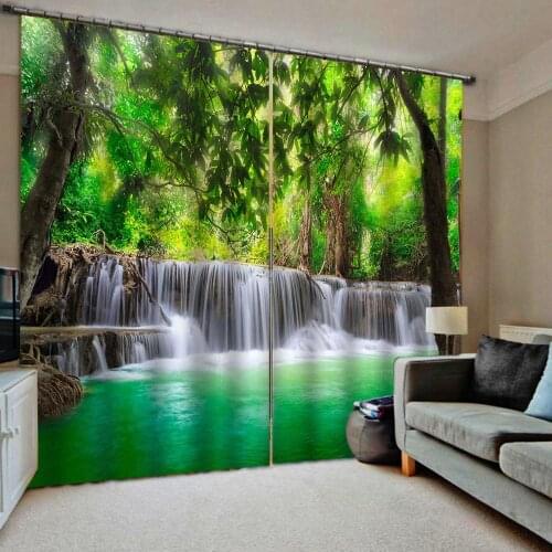 Green scenery waterfall curtains Luxury Blackout 3D Window Curtains For Living Room Bedroom