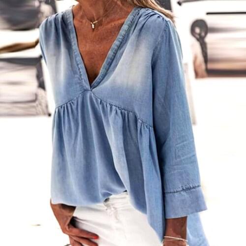 2021 New Fashion Brand Denim Top Ladies Elegant Catwalk Shirt Spring And Autumn Long-Sleeved V-Neck Pleated Women Seetwear