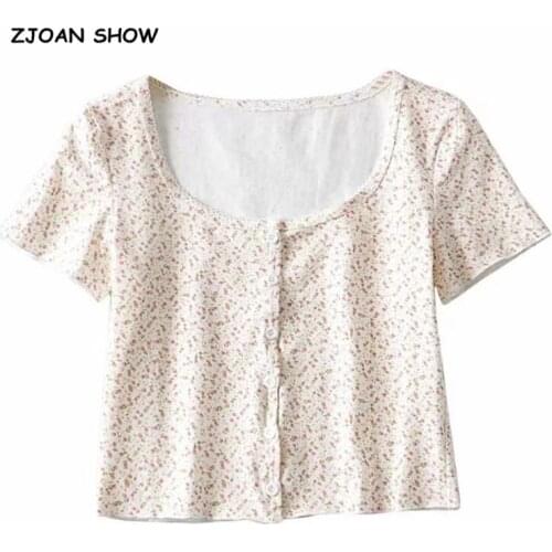 5 Colors CHIC 70s Vintage O neck Floral Short Sleeve Tee Base T-shirts 2020 Girl Single-breasted Button Short T-shirt crop top