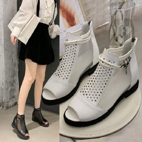 Inner Increase Hollow Breathable Short Tube Ladies Martin Boots Net Boots Summer Hot Sale British Style Zipper Fish Mouth Shoes