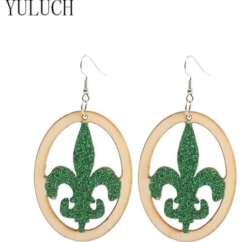 YULUCH Women Oval Glitter Pendant Earrings Girls Wood Retro Art Sequins Jewelry For Women Wood Earrings Party Accessories