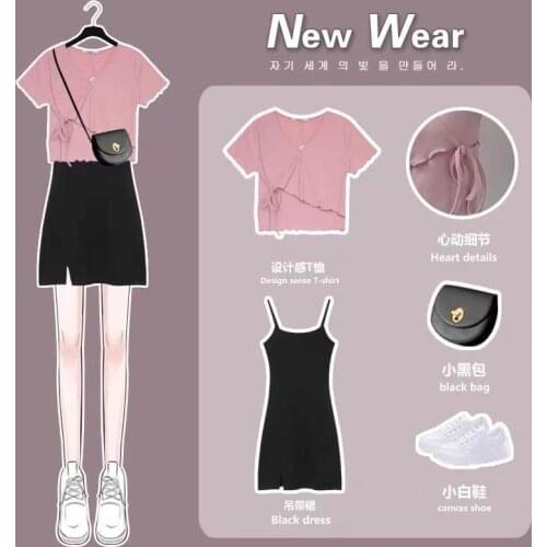 Plus Size Womens Summer Suit Womens Slim Slim Short-sleeved Pink Shirt + Black Suspender Skirt Two-piece Suit