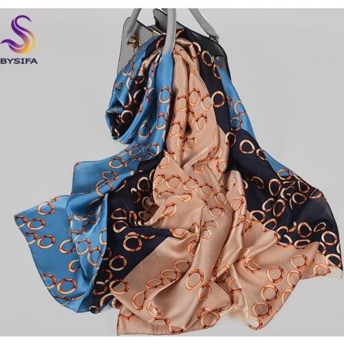[BYSIFA] Brand Women Silk Scarf Printed Blue Khaki And Red Pink Chain Long Scarves Hijabs Fashion Accessories Neck Head Scarf