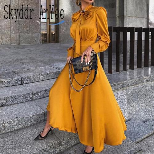 2020 Autumn Long Sleeve Party Dresses For Women Yellow Elegant Bow Black Woman Long Dress Slim Chic Shirt Vintage Dress Vestido