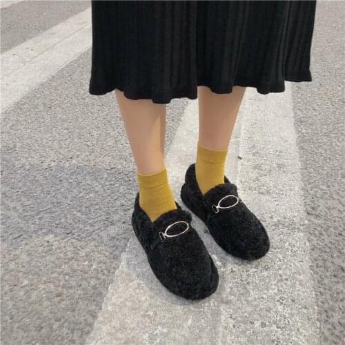 Winter Women Loafers Plush Slip on Flat Shoes Woman Flats Warm Loafer Wool Casual Shoes Fur Boat Shoes zapatos mujer U16-12