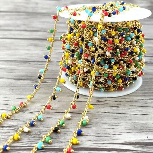 1Meter (1Meter=3.3ft) Gold plated Brass Beaded Chains,1.8mm Chain & Glass Seed Bead,DIY Necklace Jewelry Finding Components L106