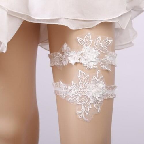 2018 Wedding Garters Rhinestone Lace white Embroidery Floral Sexy Garters 2 pcs for Women/Bride Thigh Ring Bridal Leg Garter
