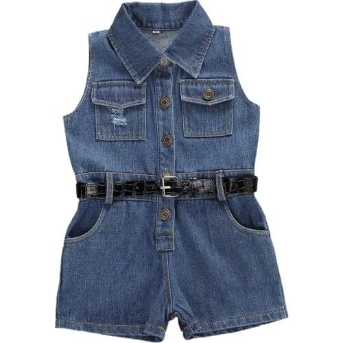 2020 Summer Sweet Toddler Baby Girls Denim Romper Overalls Blue Sleeveless Pocket Button Jumpsuit With Belt Summer Playsuit 2-7Y