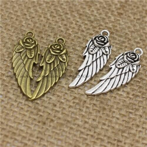 40pcs 11*30mm Rose Angel Wings Charms Wholesale two color Metal Zinc Fashion Trendy Pendants for Jewelry T0346