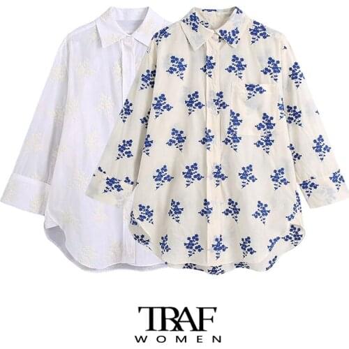 TRAF Za Women Fashion Patch Pocket Loose Embroidery Blouses Vintage Long Sleeve Button-up Female Shirts Chic Tops