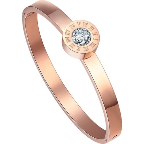 New Fashion Stainless Steel Rose Gold Bracelets Rome Number Crystal Bangles for Woman Girl Anniversary Birthday Gift