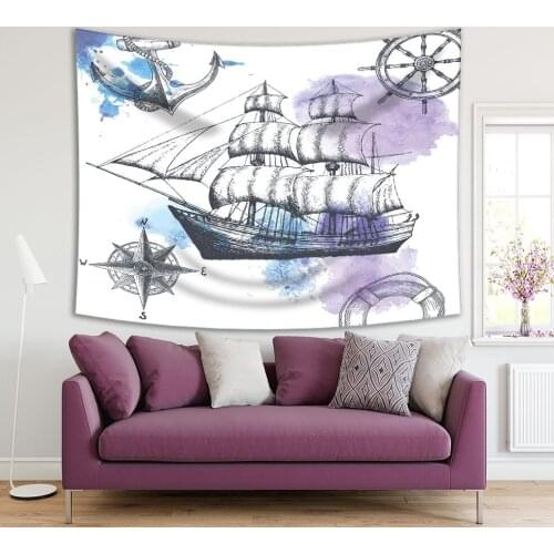 Tapestry Pirate Ship Anchor Compass Steering Wheel Watercolor Paint Drops Marine Theme Artwork Purple Blue Black