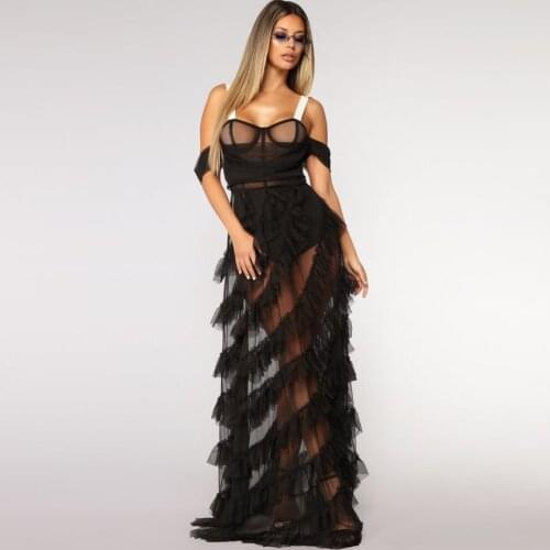 High End Sexy Black See Thru Ruffles Straight Tulle Women Dresses Sweetheart Off The Shoulder Long Tulle Robe Night Gowns