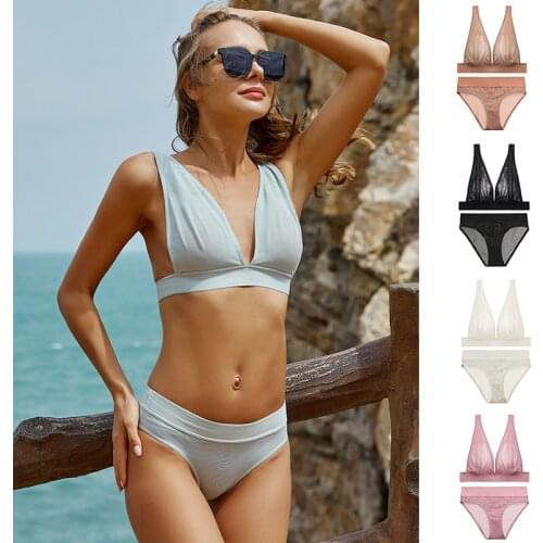 FINETOO Women Deep V Bra Briefs Set Sexy Transparent Underwear Set Soft Bralette Mesh Tops Mid-Waist Panty Female Lingerie S-2XL