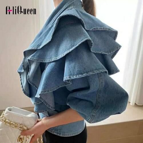 Autumn Streetwear Women Batwing Sleeve Ruffles Crop Denim Jacket Korean V Neck Jeans Jackets Coat Outerwear Chaquetas Mujer