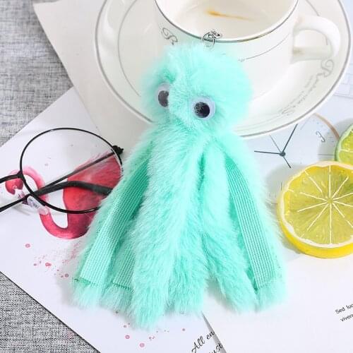Cute Octopus Keychains Women Pompom Artificial Rex Rabbit Fur Soft Cool Car Key Ring Fluffy Creative Key Chain Girls Gift