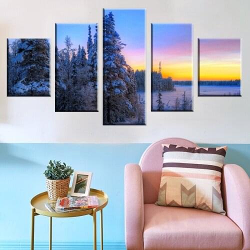 5 Panel Hot Landscape Modular Wall Art Posters For Living Room Snow Winter Tree HD Print Canvas Painting Home Decor Pictures