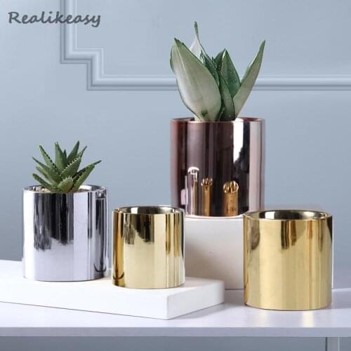 The Nordic Electroplated Ceramic Flower Pot Rose Gold Silver Succulent Flower Pot Plant Home Garden Office Desktop Decor ZM221