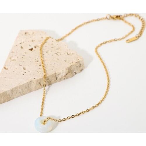 Minar French Gold Color Stainless Steel Thin Chain Necklace for Women Ladies White Hollow Chunky Circle Stone Pendant Necklace