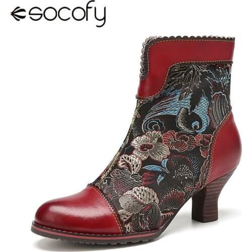 SOCOFY Elegant Womens Flowers Cloth Splicing Genuine Leather Side Zipper Chunky Heel Ankle Boots Pointed Retro High-heeled shoe