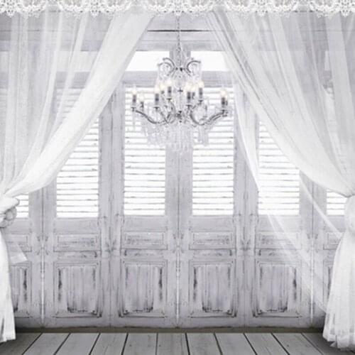Droplight in Vintage Romantic Gray Room Wooden Floor White Curtain Wood Window Door Wedding Photography Backdrops 150cm*200cm