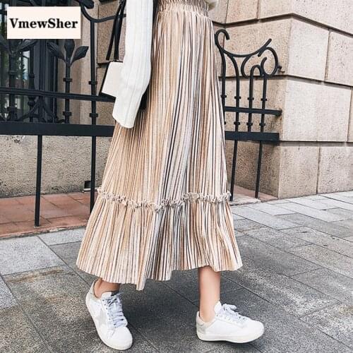 VmewSher New Autumn Spring Women Skirt Pleuche Fashion Ruffles Pleated Skirts Lady Elegant Sweet Elastic High Waist 2020 Vintage
