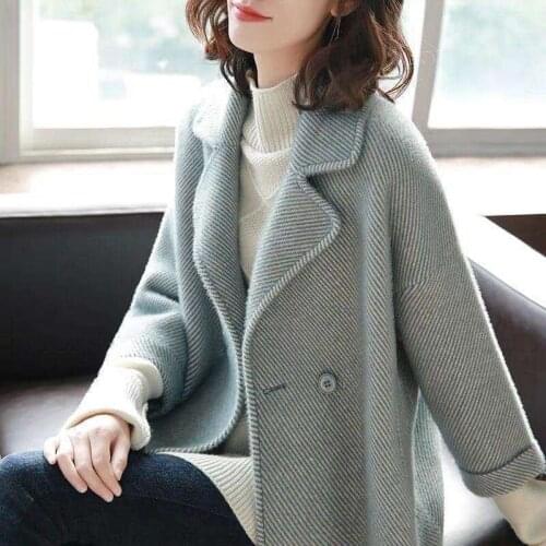 Nine-sleeve Knitted Short Jacket 2020 Autumn Winter New Korean Loose Suit collar Women Outwear Plus size Casual Female Wool Coat