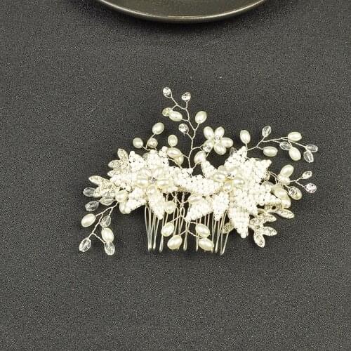 Silver Pearl Handmade Hair Combs Leaf Rhinestone Wedding Head Decoration Women Bridal Crystal Women Hair Ornament