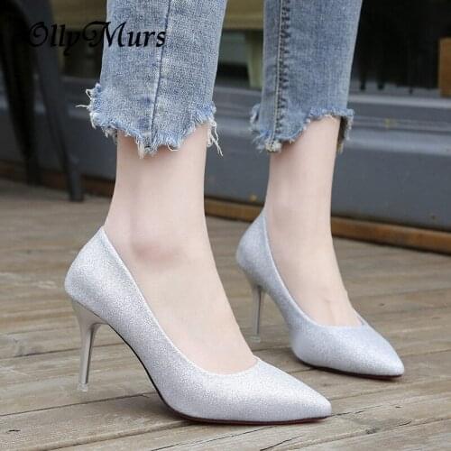 Womens Wedding Shoes Bride High Heels 2019 NEW Wild Joker Style Sequins Sexy Women Pumps Pointed toes Silver Black Gold