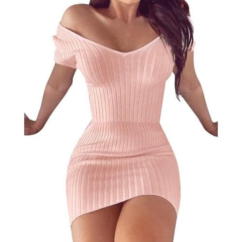 Women Sexy V Neck Off Shoulder Short Sleeve Ribbed Party Mini Bodycon Dress