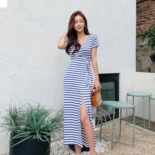 S-XL plus size korean style summer dress women fragrance light luxury sexy v-neck striped print slim hips knitting long dress